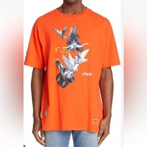 EUC $285 Heron Preston Orange Doves Design Graphic T-Shirt-100% Cotton-SMALL